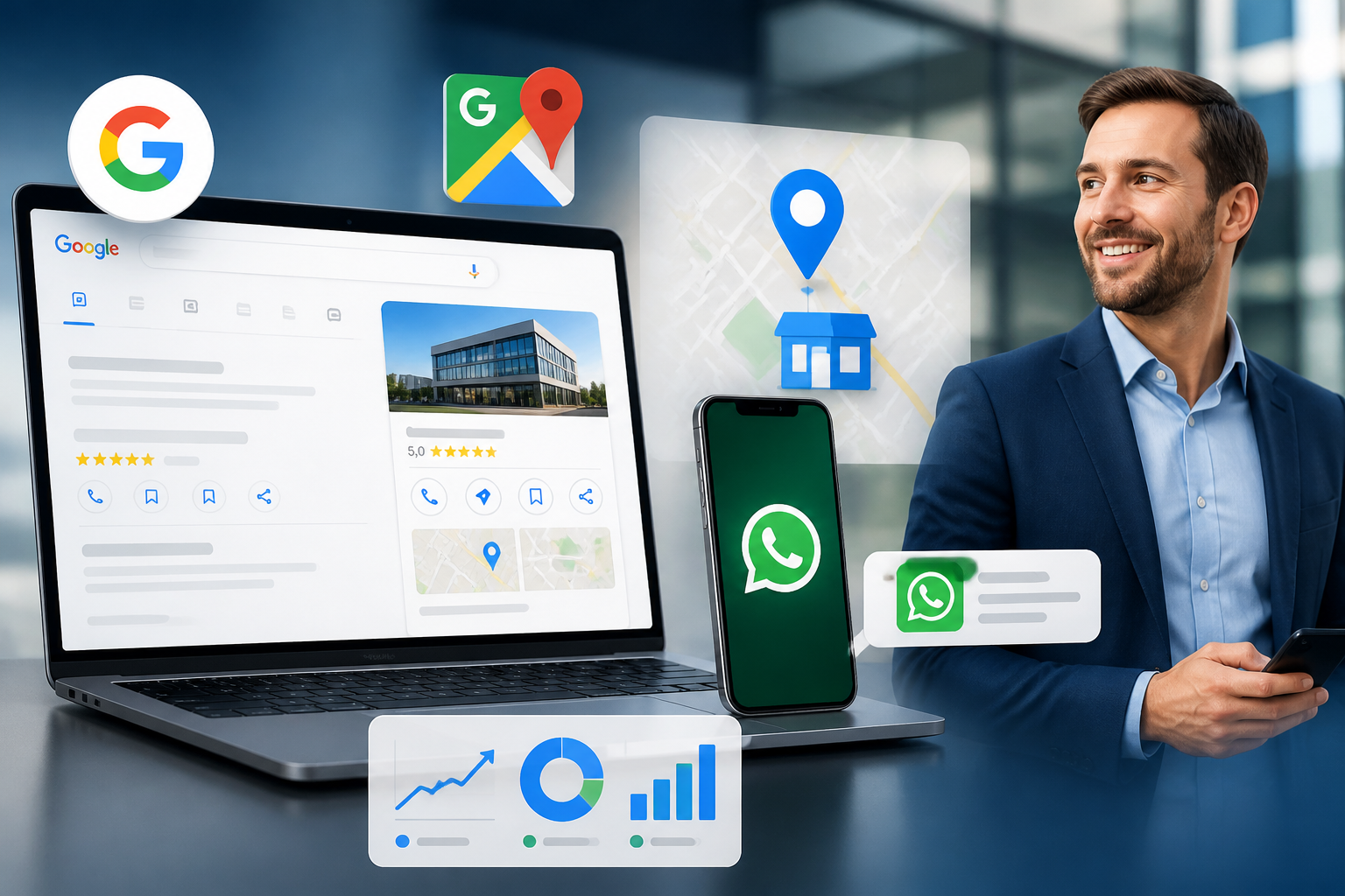 Celular mostrando o perfil de uma pequena empresa no Google Maps com botão de WhatsApp