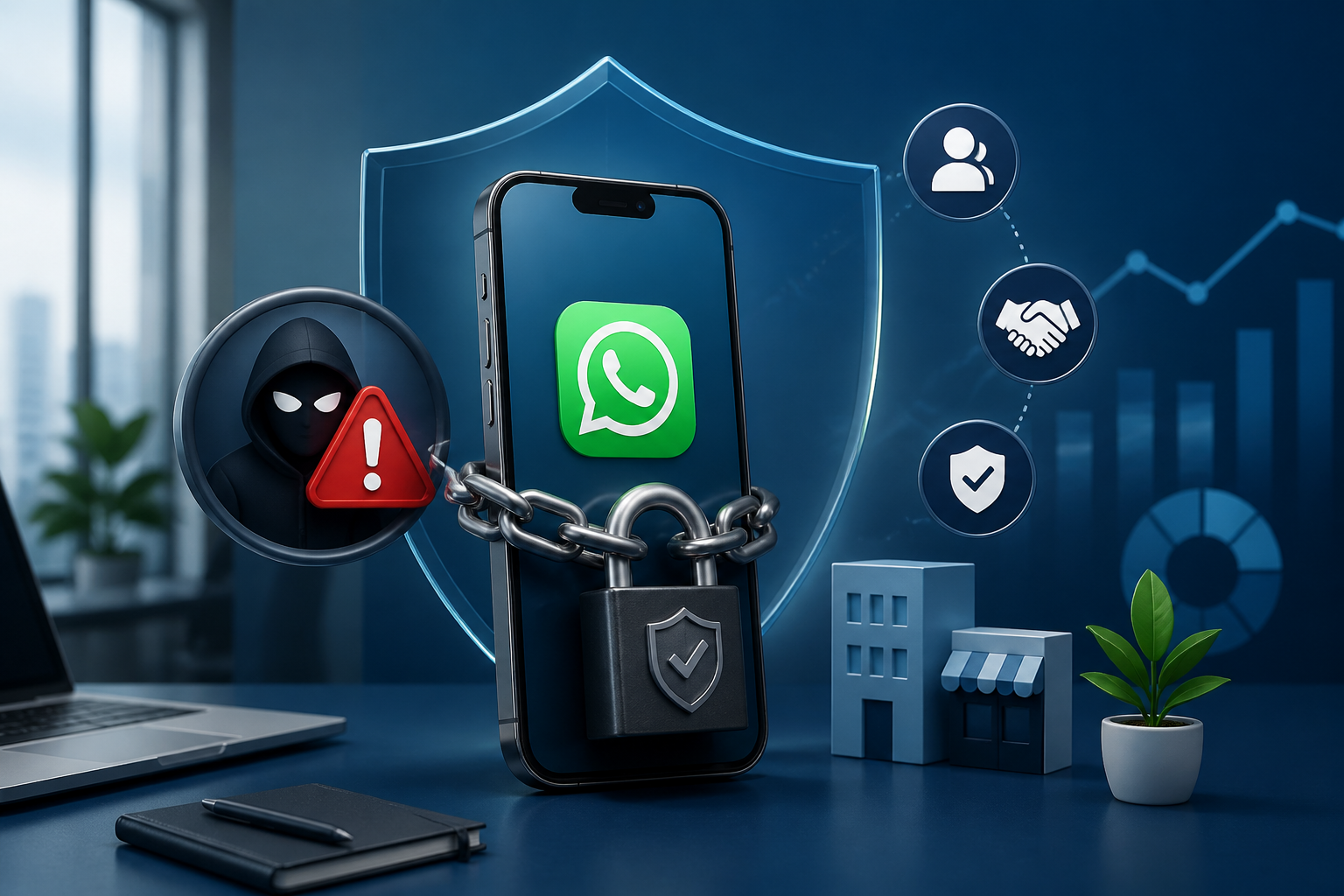 Celular com conversa de WhatsApp e um cadeado, representando a proteção da conta da empresa